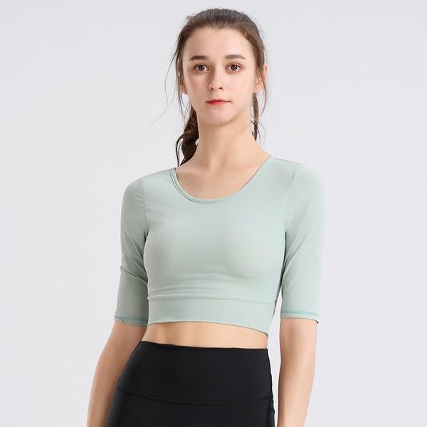 

women yoga t-shirt short sleeve fitness beauty back drawstring slim quick-drying round neck running sportswear outfits, White;red