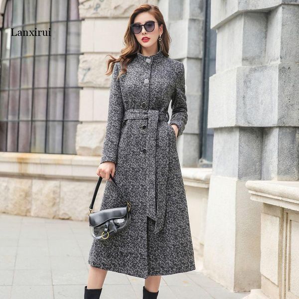 

women's wool & blends elegant slim long coat warm winter single breasted belted jackets office lady woolen coats outerwear, Black