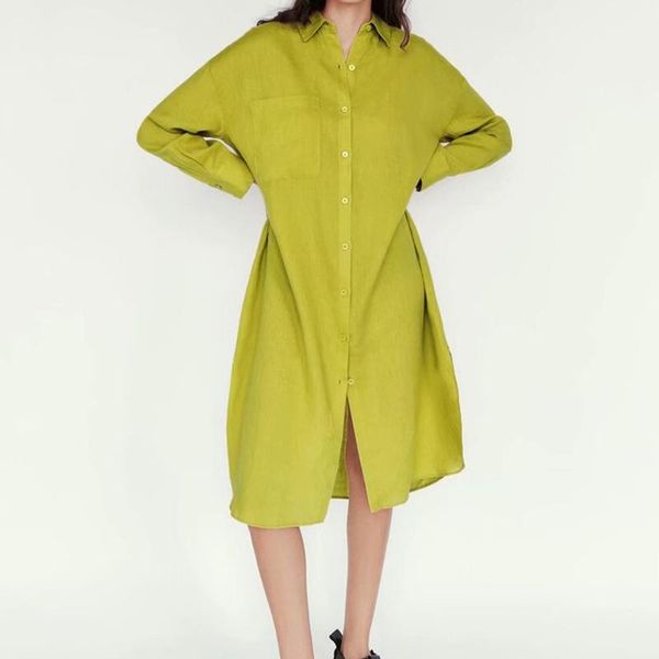 

casual dresses women yellow long sleeve shirt dress woman linen oversized loose chic asymmetric button up 2021, Black;gray