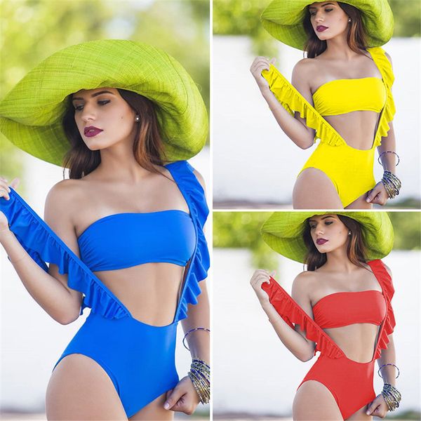 

one piece swimsuit swimwear women ruffle bikini 2021 beach wear bathing suit bandage backless halter monokini bodysuit