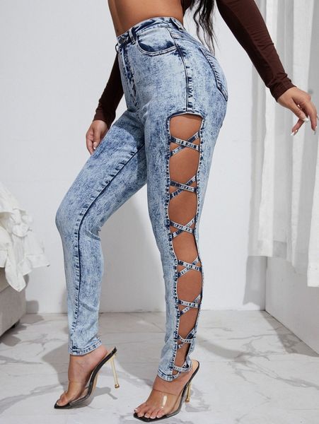 

sxy high waisted crisscross cutout skinny jeans b8kv#, Blue