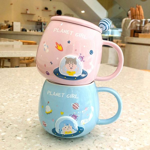 

1pcs 380ml cartoon relief planet coffee mug with lid and spoon creative big belly milk tea juice ceramic cup gift for friend mugs