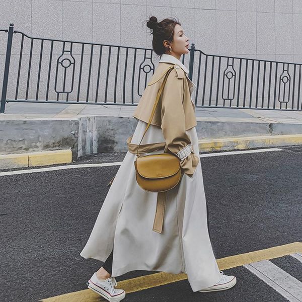 

women's trench coats [ewq] korea chic women coat double-breasted long beige yellow patchwork duster autumn female outerwear 16e2519, Tan;black