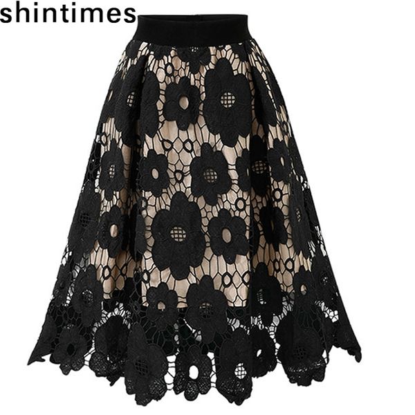 

faldas mujer moda women elegant fashion flower embroidery hollow out lace skirts womens casual skirt party black skirt 210319