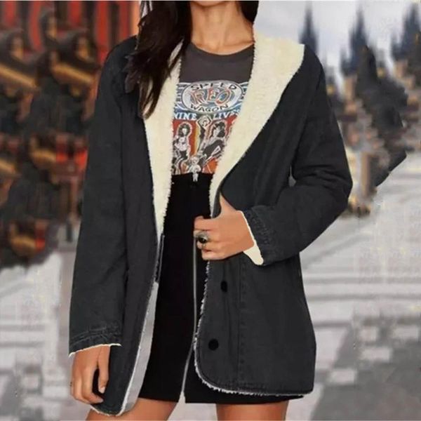 

women's jackets woman's plush hoodie jacket winter thick warm solid-color single-breasted long sleeve down lapel collar female coa, Black;brown