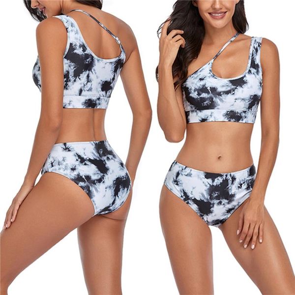 

women's swimwear 2021 women tie dye bikini sets cut out one shoulder swim tank high waist tankini swimsuit, White;black