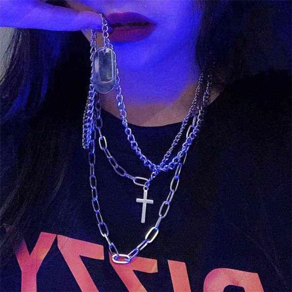 

2021 personality hip hop multilayer necklace metal cross pendant silver color chain for women men jewelry