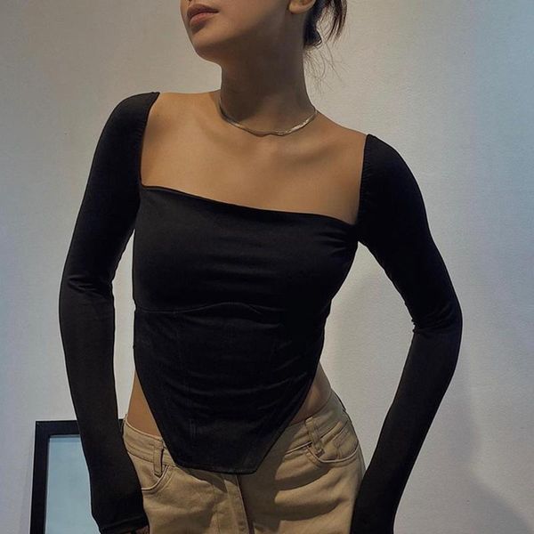 

women's t-shirt low cut french square neck halter slim hollow black, White