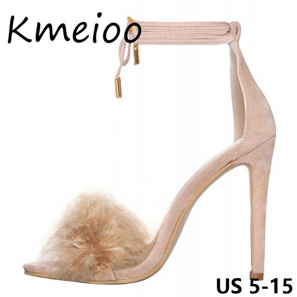 

kmeioo us size 5-15 fashion women shoes puff pompom sandals lace-up super high heels 12 cm suede evening wedding dress, Black