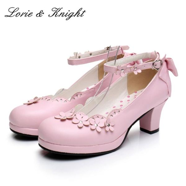 

japanese princess girl floral ankle strap bowtie back sweet lolita cosplay chunky high heel shoes dress, Black