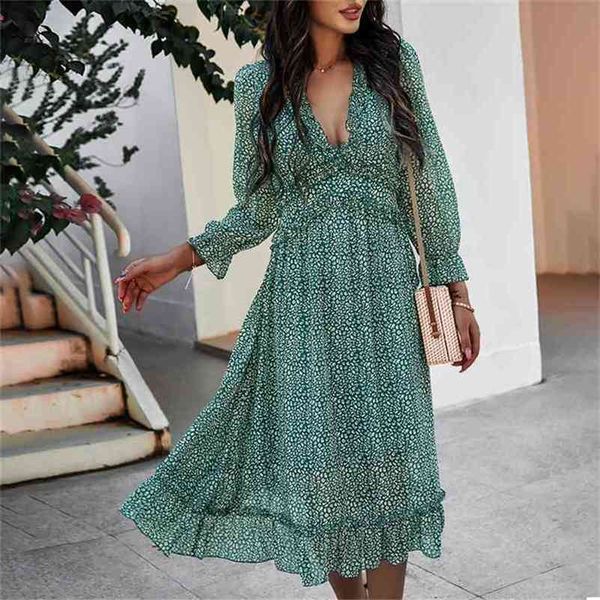 

summer chiffon ruffles beach boho vintage dress for women v-neck printed midi party maxi long vestidos 210508, Black;gray