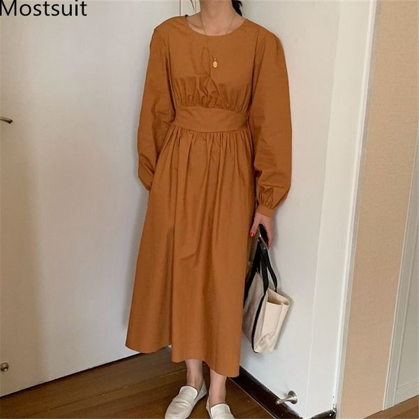 

autumn korean vintage solid women long dress puff sleeve o-neck belted dresses elegant fashion a-line ladies vestidos 210518, Black;gray