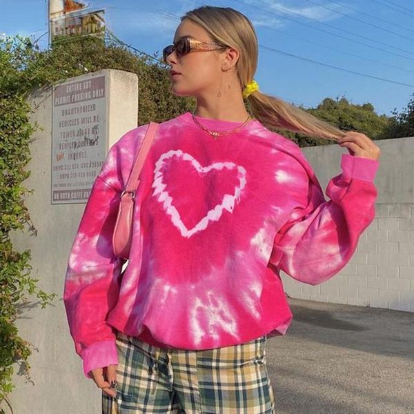 

women's hoodies & sweatshirts tie dye heart print women casual loose sweat oversized pink kawaii long sleeve pullovers top, Black