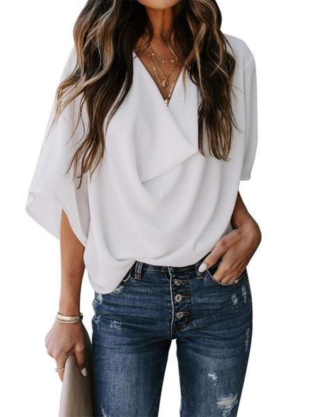 

chiffon women 2021 spring fashion short sleeve v-neck ruffle elegant slim solid office lady casual shirts plus size women's t-shirt, White