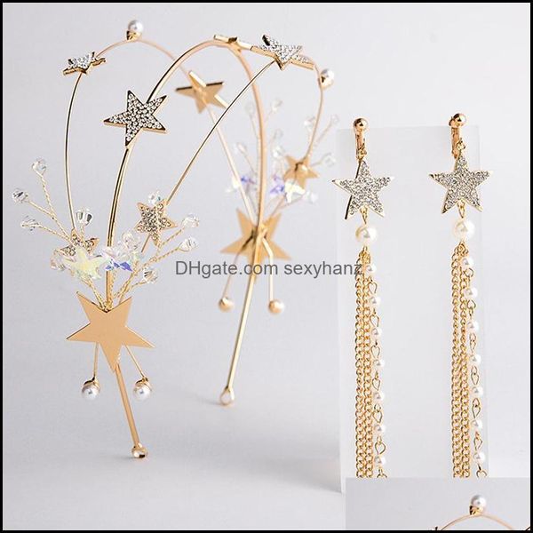 Gioielli Fermagli per capelli Barrette Colore dorato Corona semplice con orecchini Stelle Tiara da sposa Aessories Fascia per capelli Corone di moda Ragazze Dr