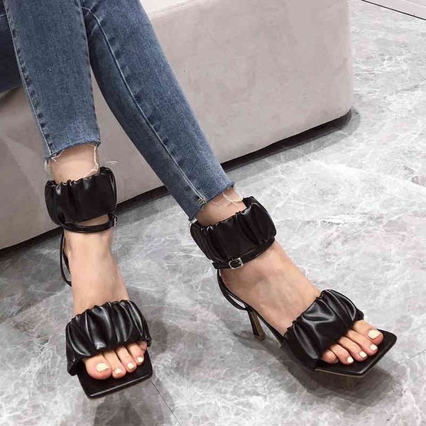 

slippers summer women gladiator sandals high heels dress party shoes fashion pleated ankle strap roman pumps white b9rz, Black