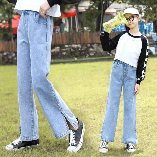 

trousers children spring autumn solid color pants kids girls casual straight-leg denim teenage elastic waist jeans 4 5 6 7 8 9 10 y, Blue