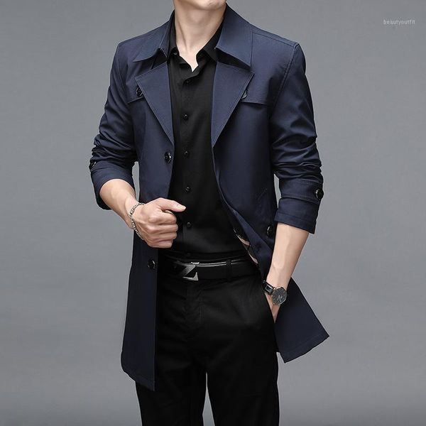 

men's trench coats 2021 brand spring autumn men long superior quality buttons male fashion outerwear jackets windbreaker plus size, Tan;black