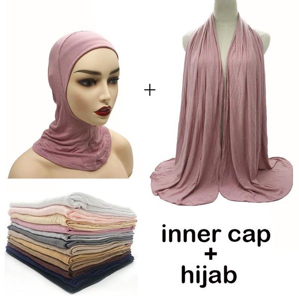 

scarves jersey scarf women two piece set elasticity cotton turban hat shawl elegant modest muslim hijab good quality, Blue;gray