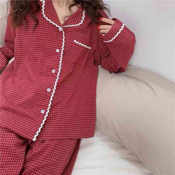 

korean plaid pajama set vintage womens sleepwears pyjamas femme lace pijamas long sleeve nightwear autumn loungewear pj, Black;red