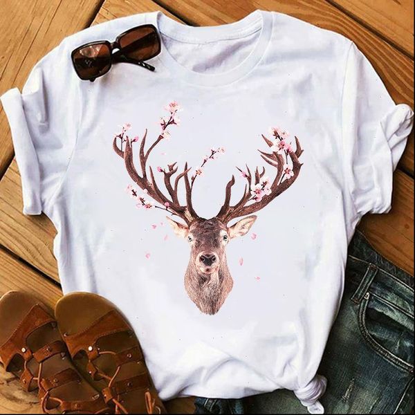 

womens t shirts merry christmas elk tshirt women cartoon printed plus size year o neck short sleeve tee shirt, White