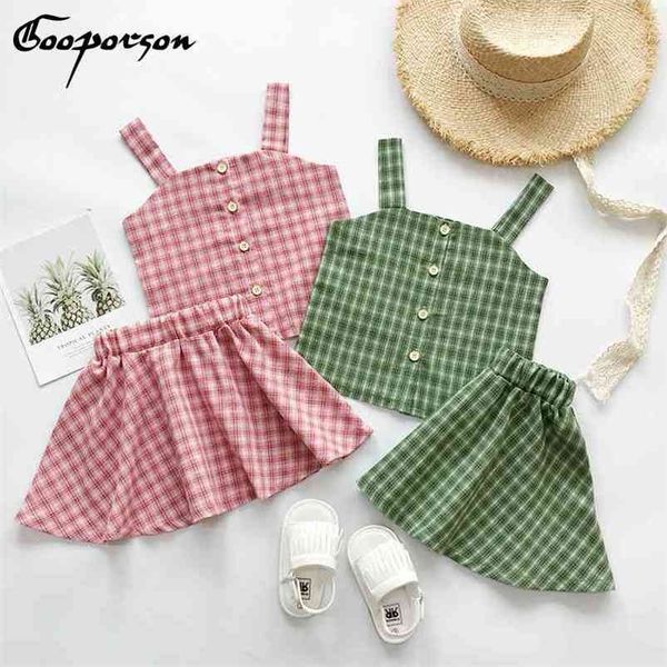 

summer girls green/pink plaid casual skirt two piece set clothes sets cute sleeveless kids suit set toddler girl outfits 210715, White