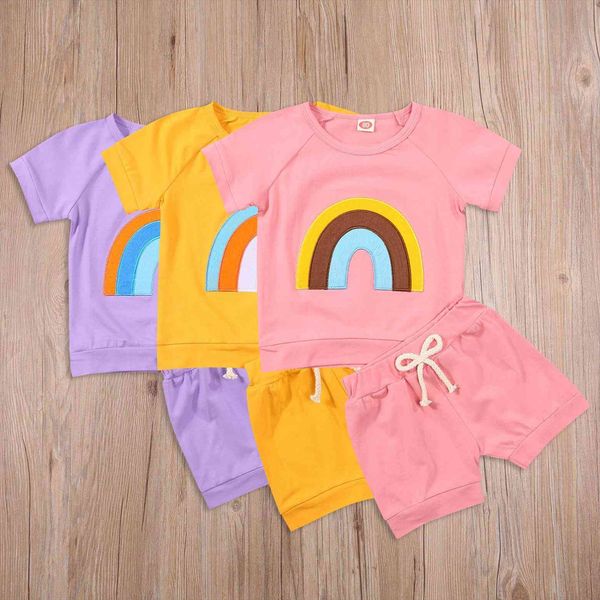 

2pcs toddler summer nbsp tracksuits clothes set rainbow print cotton short sleeves t shirt shorts outfits suit for little girls, White