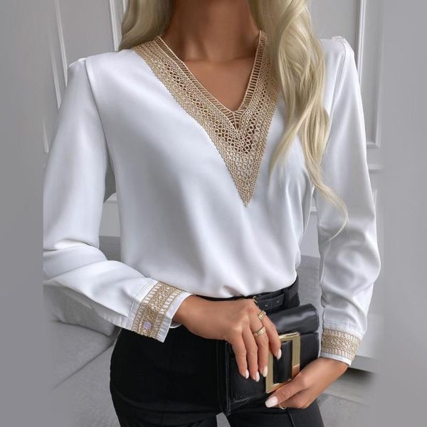

women's blouses & shirts office lady embroidered v neck elegant women chiffon long sleeve simple casual autumn solid blusas streetwear, White