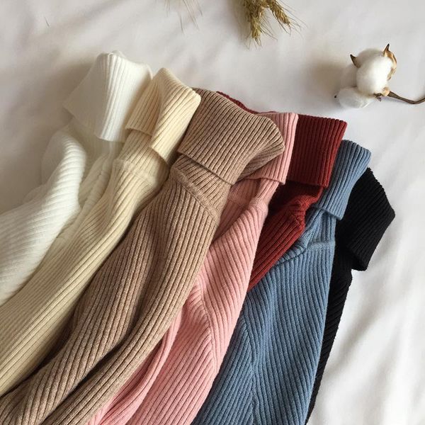 

women's sweaters 2021 autumn winter thick sweater women knitted ribbed pullover long sleeve turtleneck slim jumper soft warm pull femme, White;black
