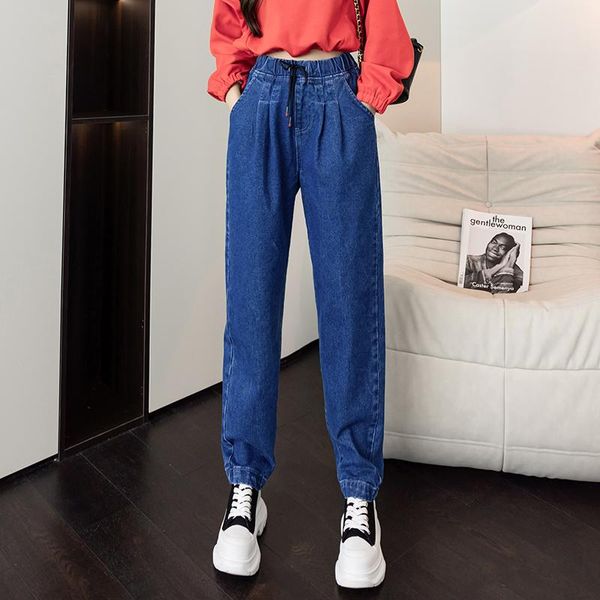 

women's jeans high waist pants plus size casual loose comfortable oversize denim trousers, Blue