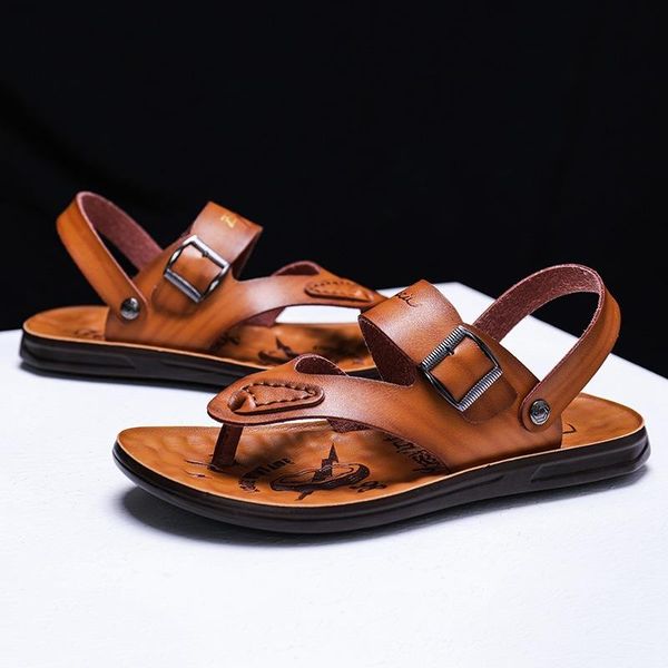 

sandals men summer fashion beach genuine leather soft-slip anti-slip shoes flip-flops zapatos para hombre, Black