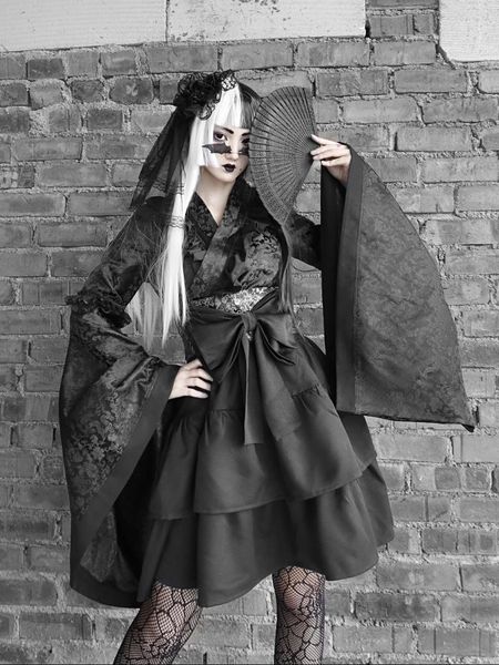 

casual dresses original design gothic style dark black vibration sleeve kimono dress dragon lace bow tie mini cake, Black;gray