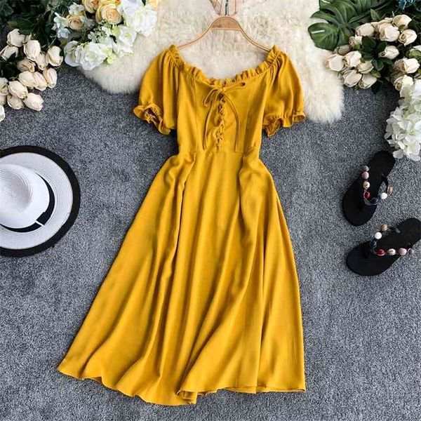 

summer slash neck short sleeve retro casual dress women solid color vestidos f413 210527, Black;gray