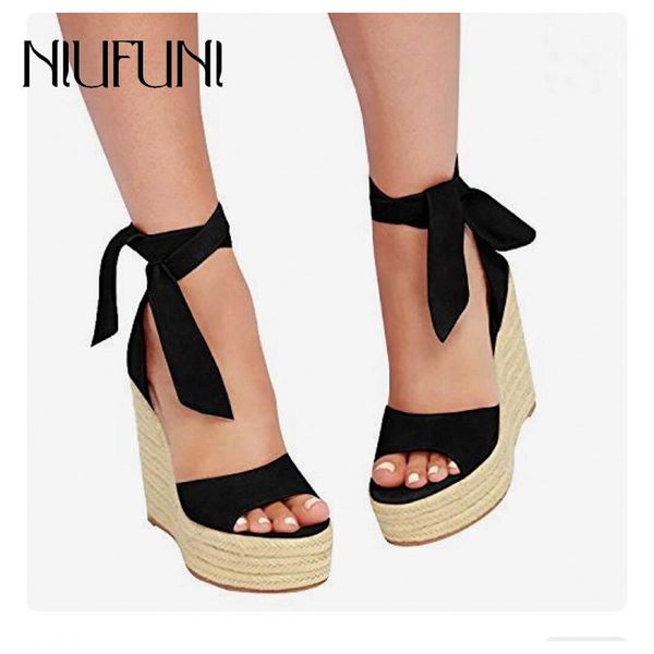 

ankle strap wedge peep toe women's sandals platform gladiator high heels niufuni woman roman shoes size 35-40 sandalias mujer, Black