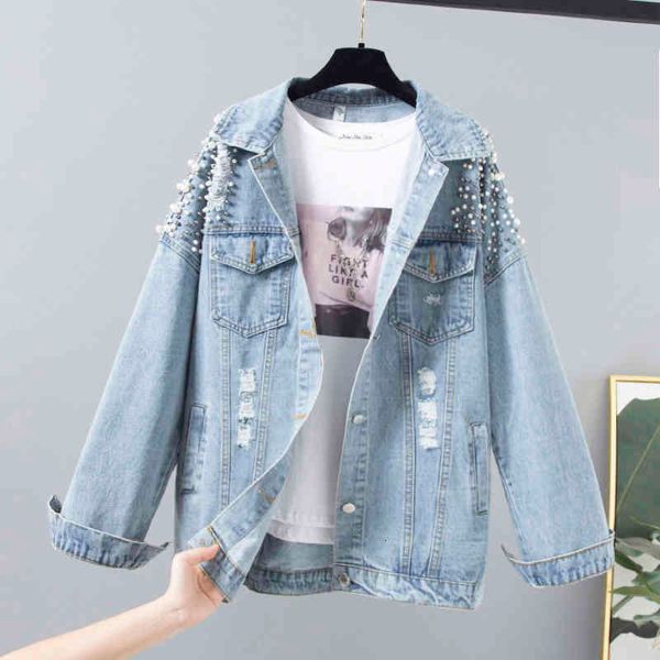 

jacket vintage mid beading denim women frayed long sleeve jeans jacket coat female oversized loose blue student outerwear, Black;brown
