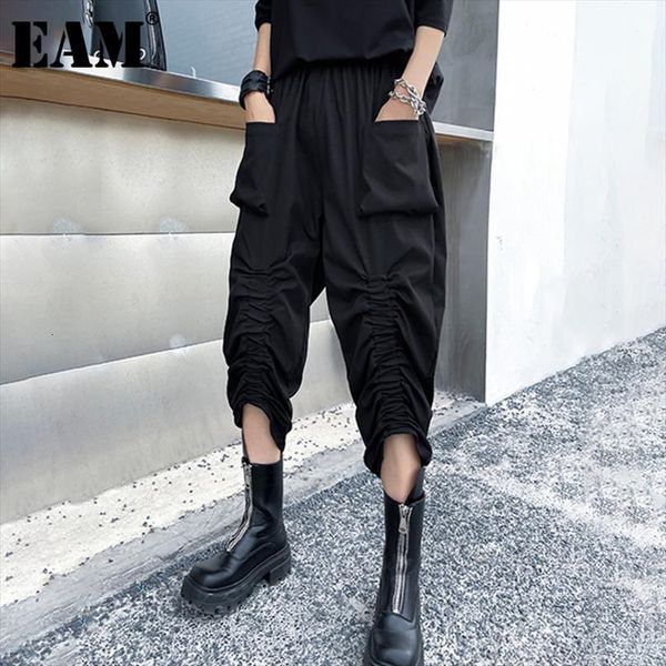 

[eam] high elastic waist black women pants pleated pocket casual trousers loose fit fashion tide spring summer 1dd8269, Black;white