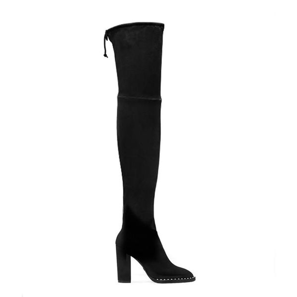 

boots winslet pearl stretch women block heels thigh high boot suede botas mujer runway shoes cowboy over knee knight, Black