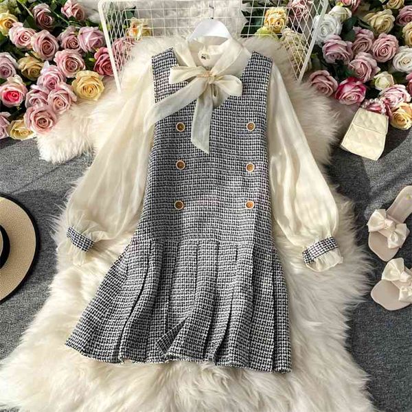 

spring autumn women's sets solid color bowknot flared sleeve + ruffled plaid woolen vest skirt dress two-piece ll890 210506, White