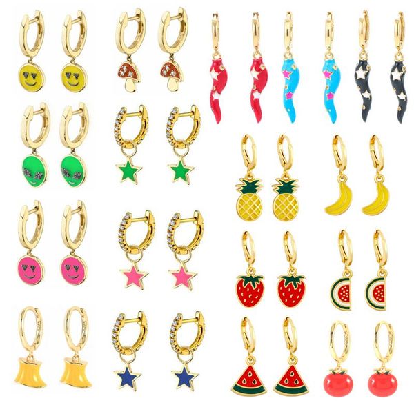 

hoop & huggie earrings luxury enamel chili smily face mushroom star pendnat circel earring for women girls christmas gift orecchini donna, Golden;silver