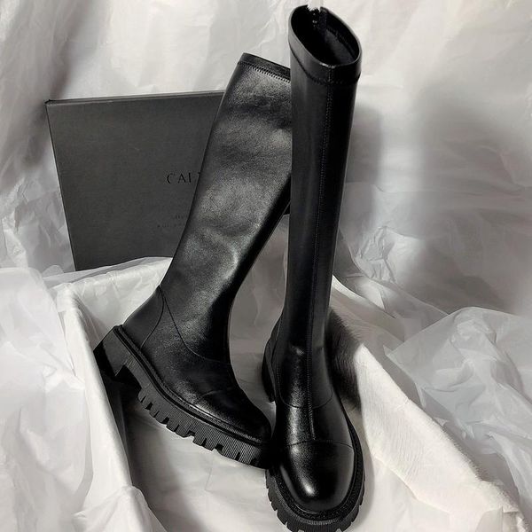

boots 2021 autumn fashion platform round head women's casual square heel side zipper long tube motorcycle, Black