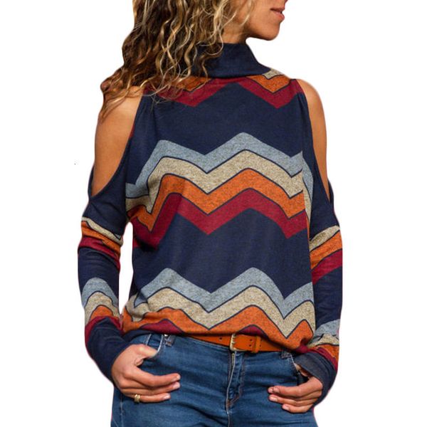 

women's t-shirt women blouses cold shoulder casual turtleneck knitted jumper pullover print long sleeve shirt, White