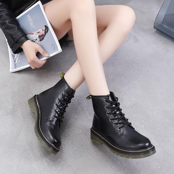 

boots platform womens ankle genuine leather chunky for woman punk motorcycle fashion shoes, Black
