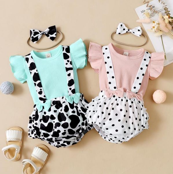 

clothing sets 3pcs set baby summer outfit solid color short sleeve t-shirt polka dot suspenders pantie hairband for toddler girl 0-18 months, White