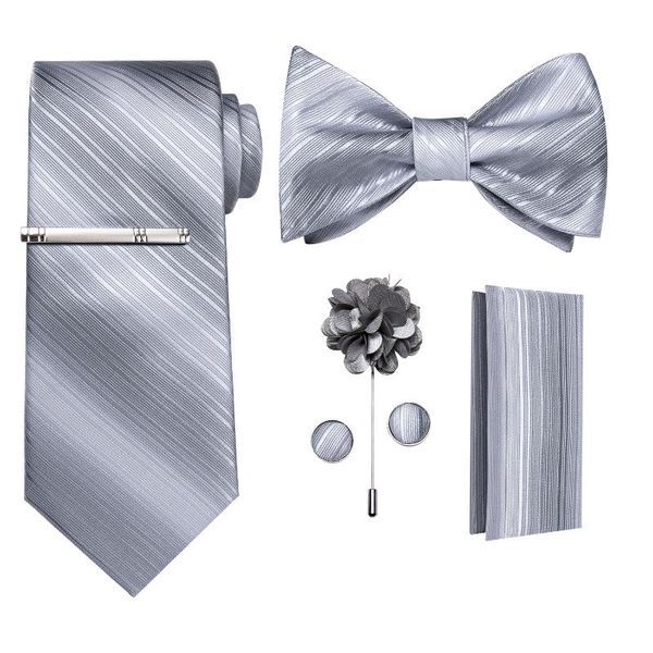 

bow ties gray striped men's fashion self tie for men cufflinks pocket square brooch clip wedding party butterfly bowknot, Black;gray