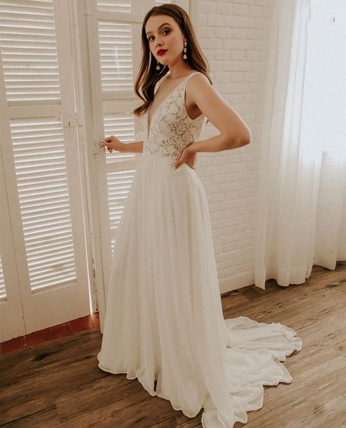 

2021 summer bohemian a-line wedding dresses sleeveless backless sheer v-neck long lace chiffon boho beach bridal gowns country bride dress, White