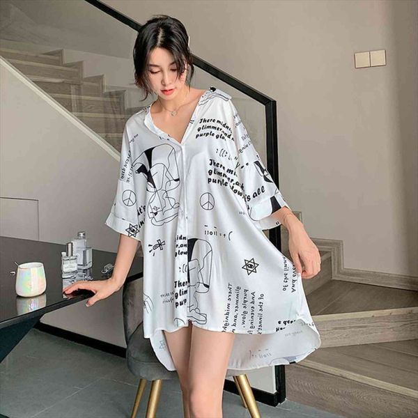 

summer letters printed satin women sleepwear chemise femme white shirt nightgown lingerie breathable cool comfortable sleeping shirts, Black;red