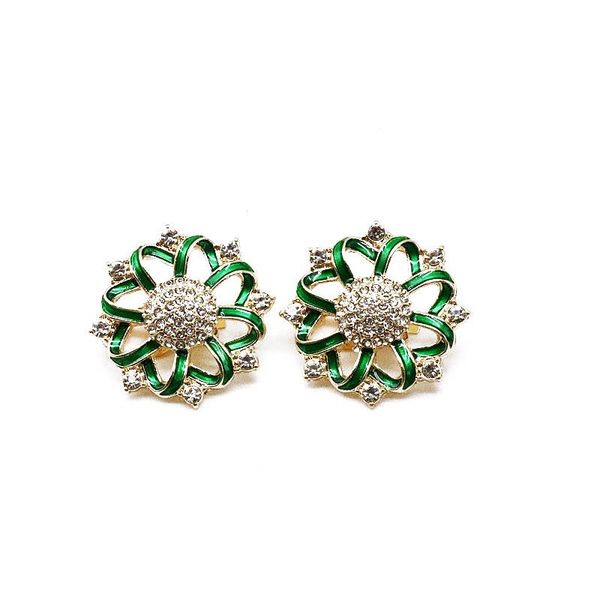 

clip-on & screw back elegant green enamel flower crystal sweet earring, Silver