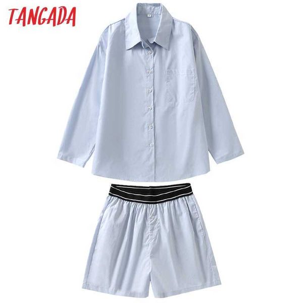 

tangada women 100% cotton tracksuit sets striped loose shirt shorts 2 pieces sets long sleeve blouse pants suits 6l37 210609, White
