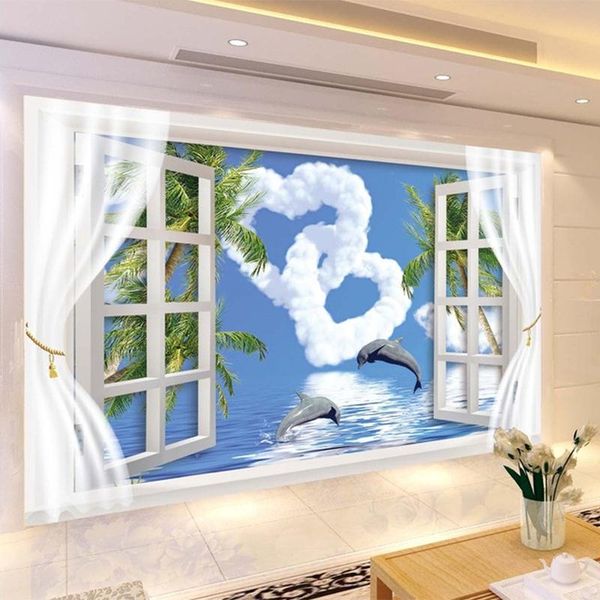 

wallpapers personalized creative outside the window blue sky love clouds jumping dolphin wallpaper 3d living room backdrop papel de parede