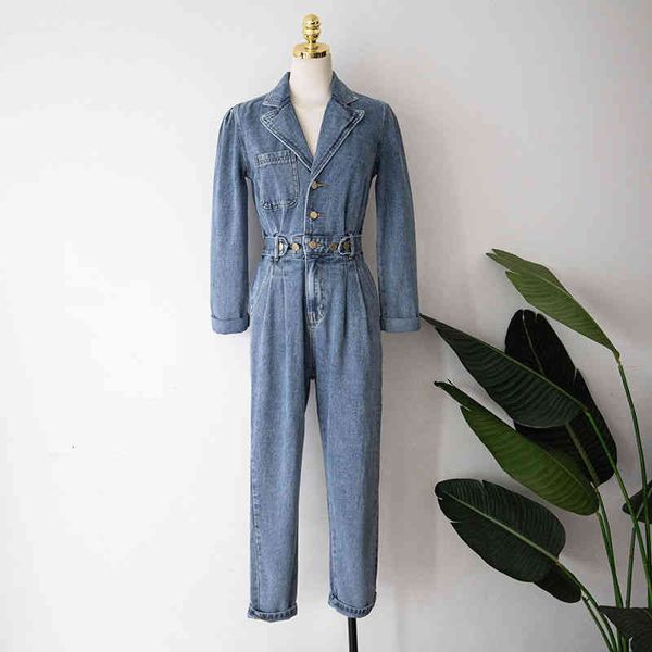 

women's jumpsuits & rompers deat women denim jumpsuit blue pockets lapel full sleeve high waist adjust button streetwear style autumn f, Black;white